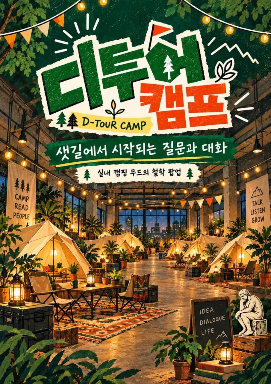 디투어 캠프 포스터. 전구 조명과 삼각 가랜드, 크림색 텐트와 식물로 꾸민 창고 속 실내 캠프 위에 '디투어 캠프 D-TOUR CAMP', '샛길에서 시작되는 질문과 대화', '실내 캠핑 무드의 철학 팝업'이라고 적혀 있어요.